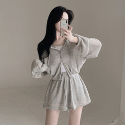 ツーピース 【3pcSET】クールシースルーフードジップアップ キャミソール パンツ GREY
