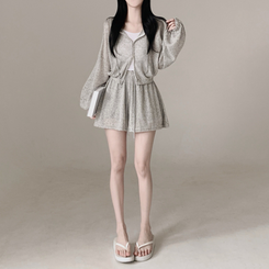 ツーピース 【3pcSET】クールシースルーフードジップアップ キャミソール パンツ GREY