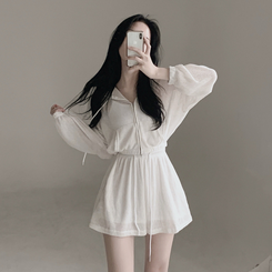 ツーピース 【3pcSET】クールシースルーフードジップアップ キャミソール パンツ IVORY
