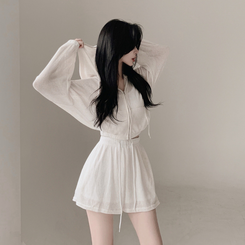 ツーピース 【3pcSET】クールシースルーフードジップアップ キャミソール パンツ IVORY