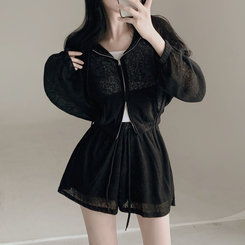 ツーピース 【3pcSET】クールシースルーフードジップアップ キャミソール パンツ BLACK