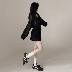 ツーピース 【3pcSET】クールシースルーフードジップアップ キャミソール パンツ BLACK