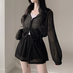 ツーピース 【3pcSET】クールシースルーフードジップアップ キャミソール パンツ BLACK