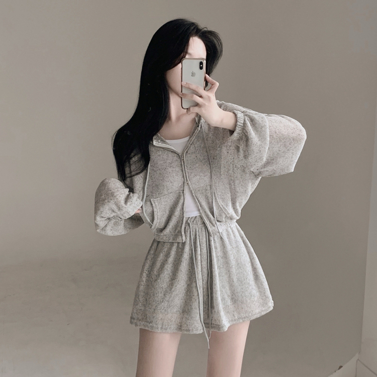 【3pcSET】クールシースルーフードジップアップ キャミソール パンツ GREY