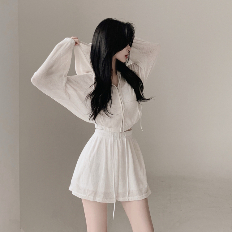 【3pcSET】クールシースルーフードジップアップ キャミソール パンツ IVORY