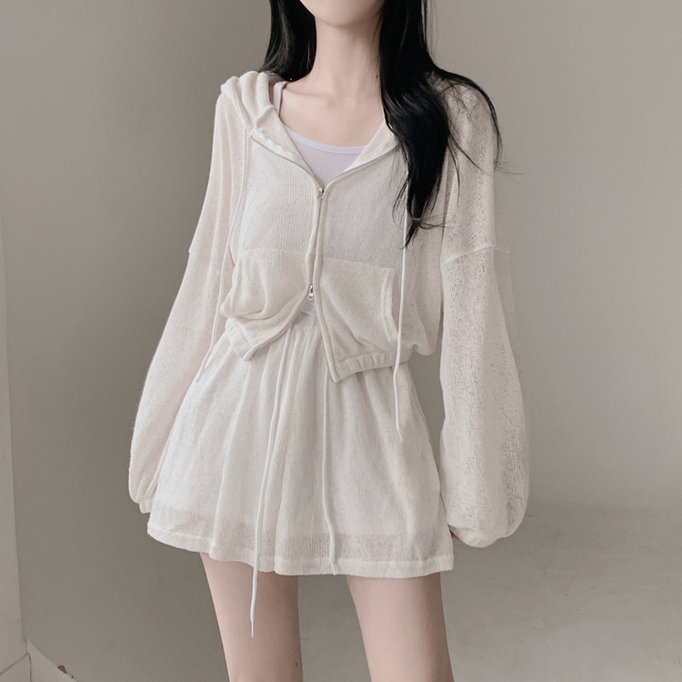 ツーピース 【3pcSET】クールシースルーフードジップアップ キャミソール パンツ IVORY