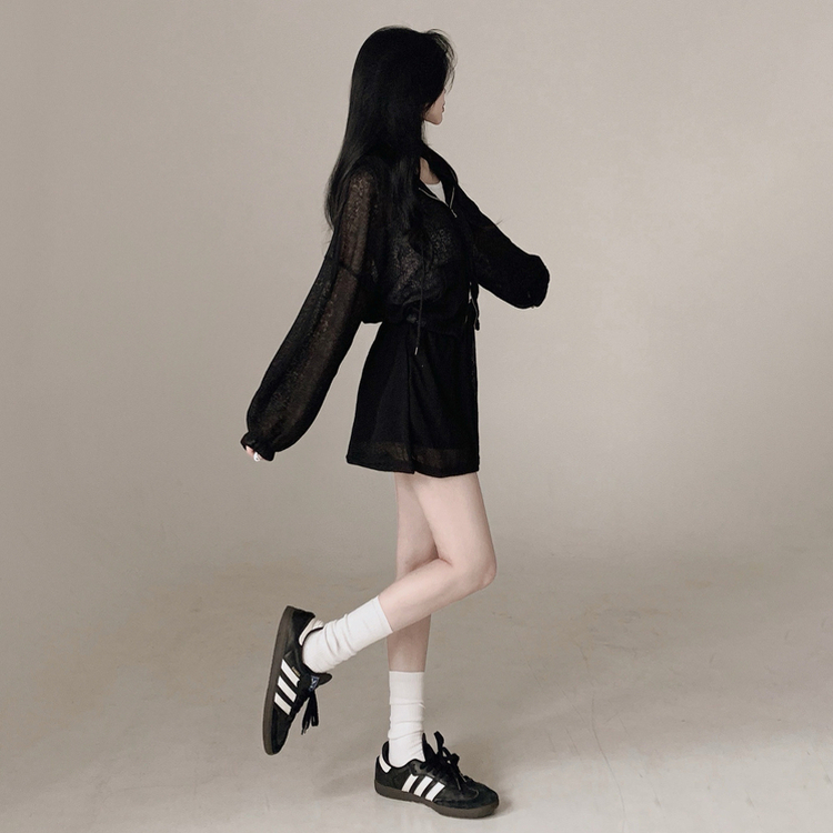 【3pcSET】クールシースルーフードジップアップ キャミソール パンツ BLACK