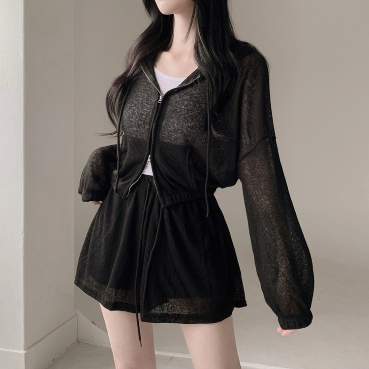 【3pcSET】クールシースルーフードジップアップ キャミソール パンツ BLACK