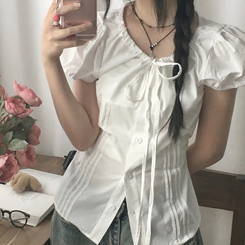 ブラウス リボンピンタックラウンドブラウス IVORY