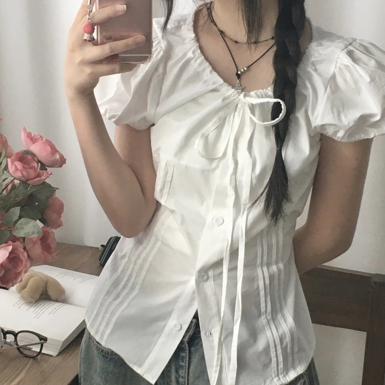 リボンピンタックラウンドブラウス IVORY