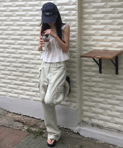 ワイド 【丈別】コットンカーゴポケットワイドパンツ CREAM