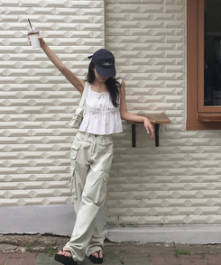 ワイド 【丈別】コットンカーゴポケットワイドパンツ CREAM