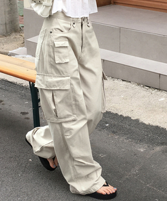 ワイド 【丈別】コットンカーゴポケットワイドパンツ CREAM
