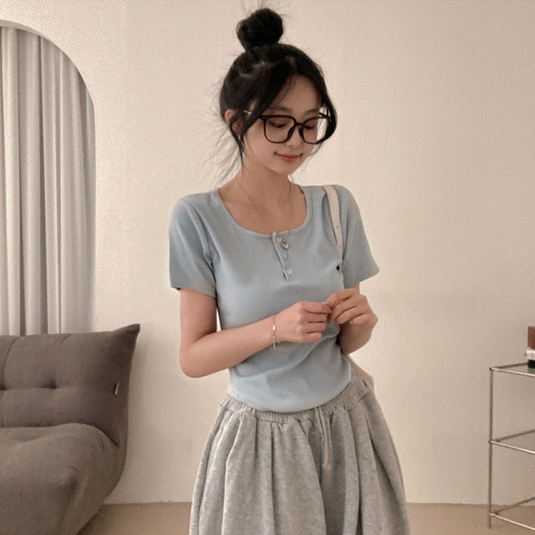 ボタンスリム半袖Tシャツ(7color) SKY BLUE