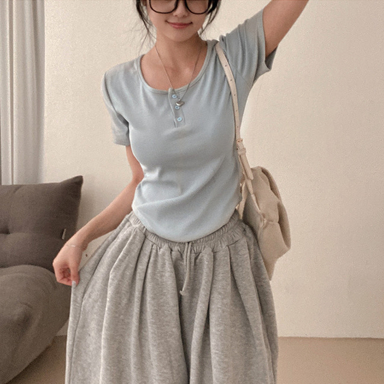 ボタンスリム半袖Tシャツ(7color) SKY BLUE