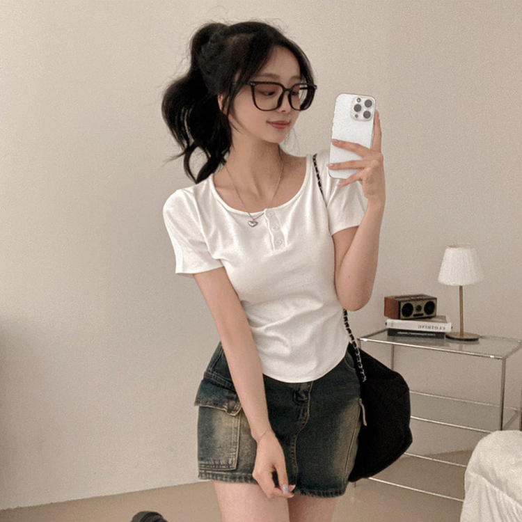 ボタンスリム半袖Tシャツ(7color) WHITE