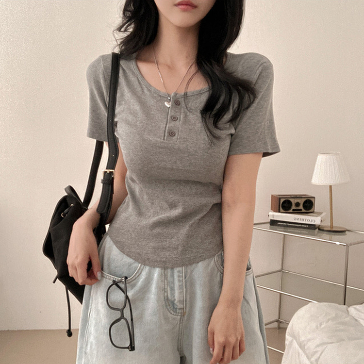ボタンスリム半袖Tシャツ(7color) GREY