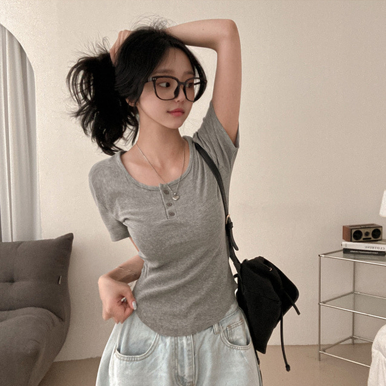 ボタンスリム半袖Tシャツ(7color) GREY