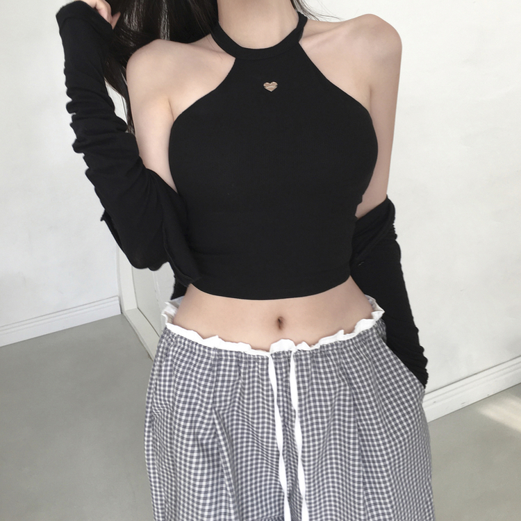 【カップ付き】ホルターハートペンダントキャミソール BLACK