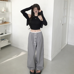 コットンパンツ バイカラーバンディングチェックワイドパンツ BLACK