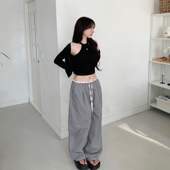 コットンパンツ バイカラーバンディングチェックワイドパンツ BLACK