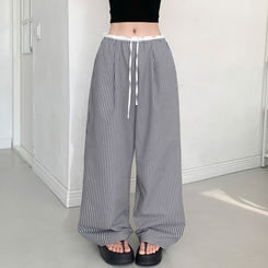 コットンパンツ バイカラーバンディングチェックワイドパンツ BLACK