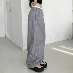 コットンパンツ バイカラーバンディングチェックワイドパンツ BLACK