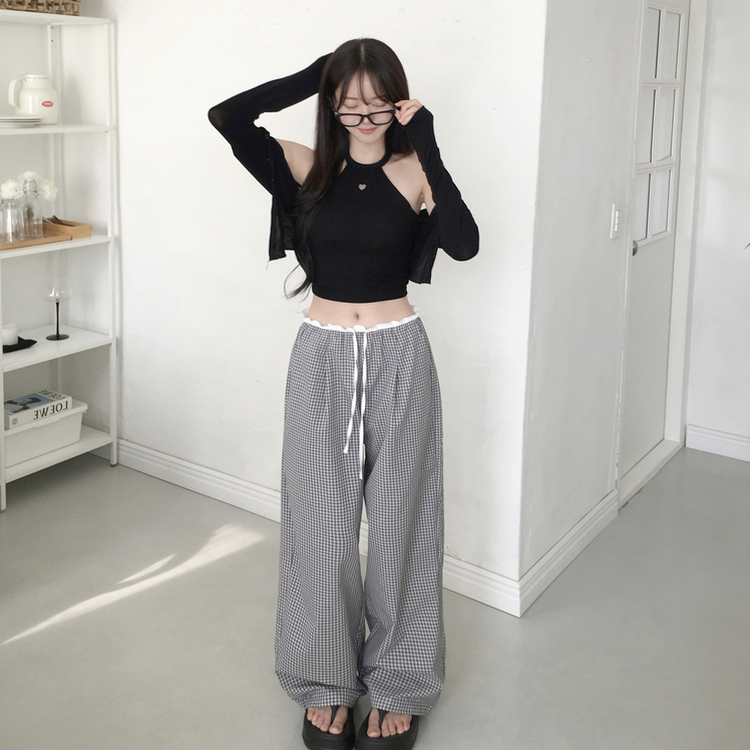 バイカラーバンディングチェックワイドパンツ BLACK