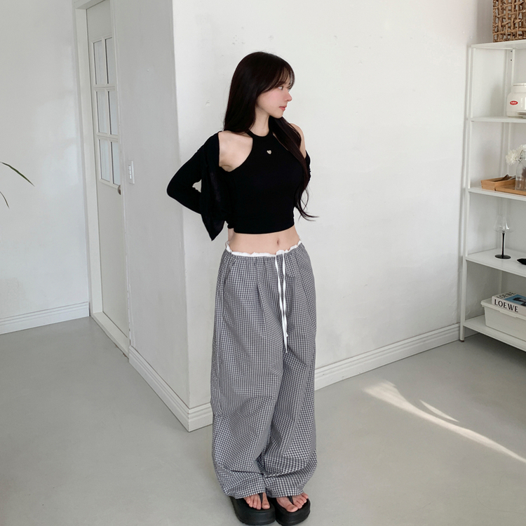 バイカラーバンディングチェックワイドパンツ BLACK