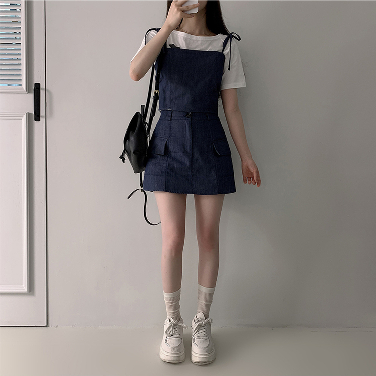 터이 데님 뒷밴딩 리본 끈 나시 포켓 미니 스커트