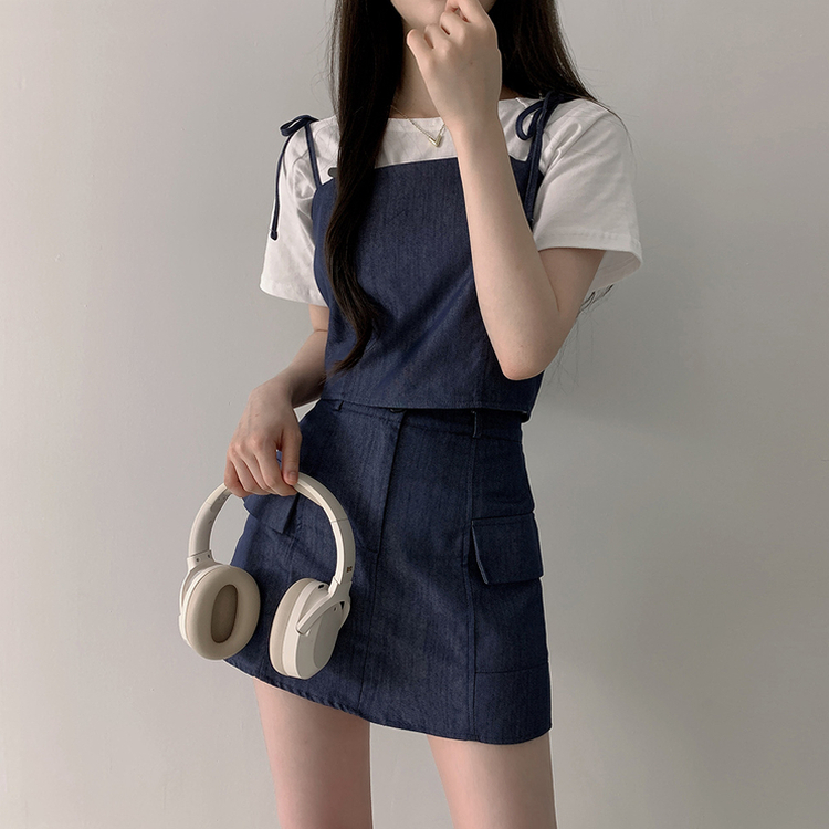 터이 데님 뒷밴딩 리본 끈 나시 포켓 미니 스커트