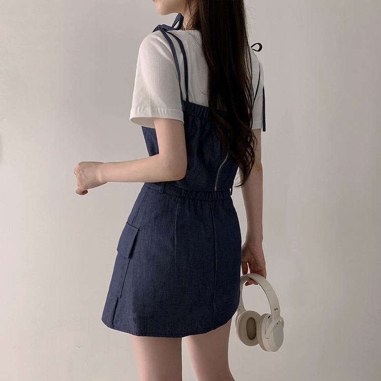 터이 데님 뒷밴딩 리본 끈 나시 포켓 미니 스커트