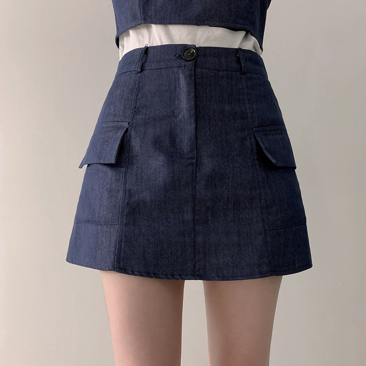 터이 데님 뒷밴딩 리본 끈 나시 포켓 미니 스커트
