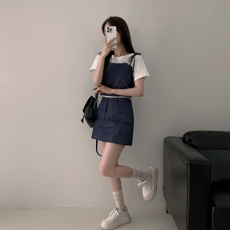 터이 데님 뒷밴딩 리본 끈 나시 포켓 미니 스커트