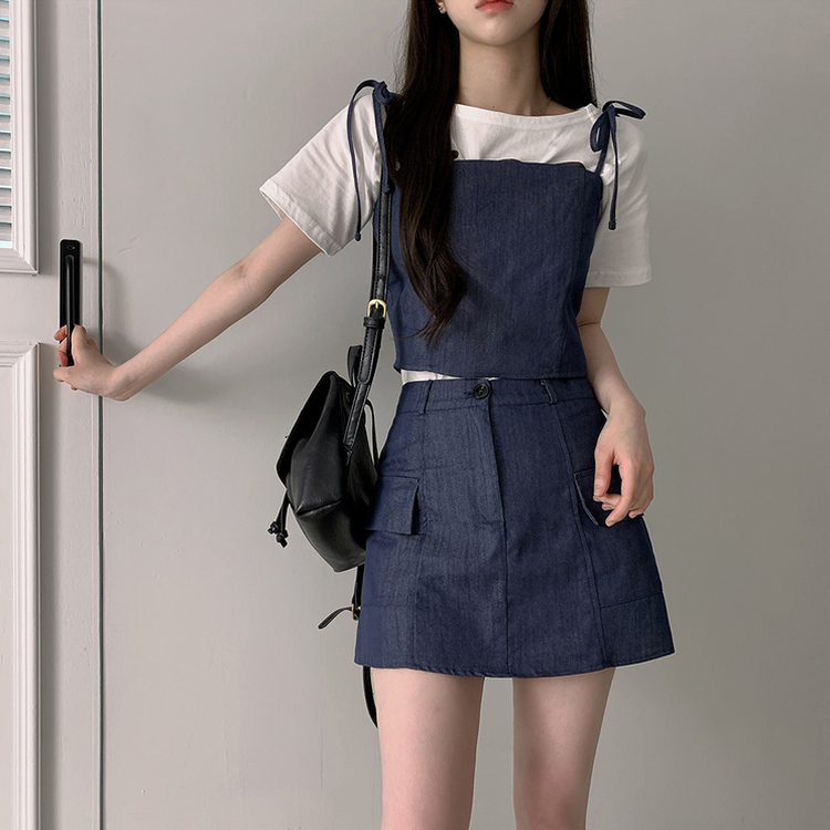 터이 데님 뒷밴딩 리본 끈 나시 포켓 미니 스커트