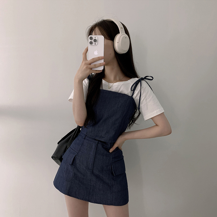 터이 데님 뒷밴딩 리본 끈 나시 포켓 미니 스커트