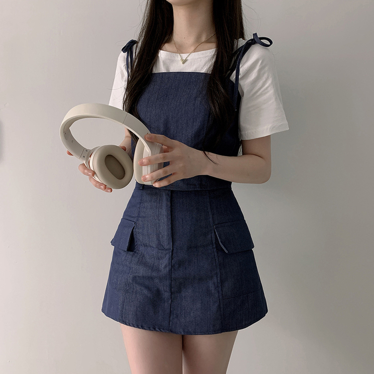 터이 데님 뒷밴딩 리본 끈 나시 포켓 미니 스커트
