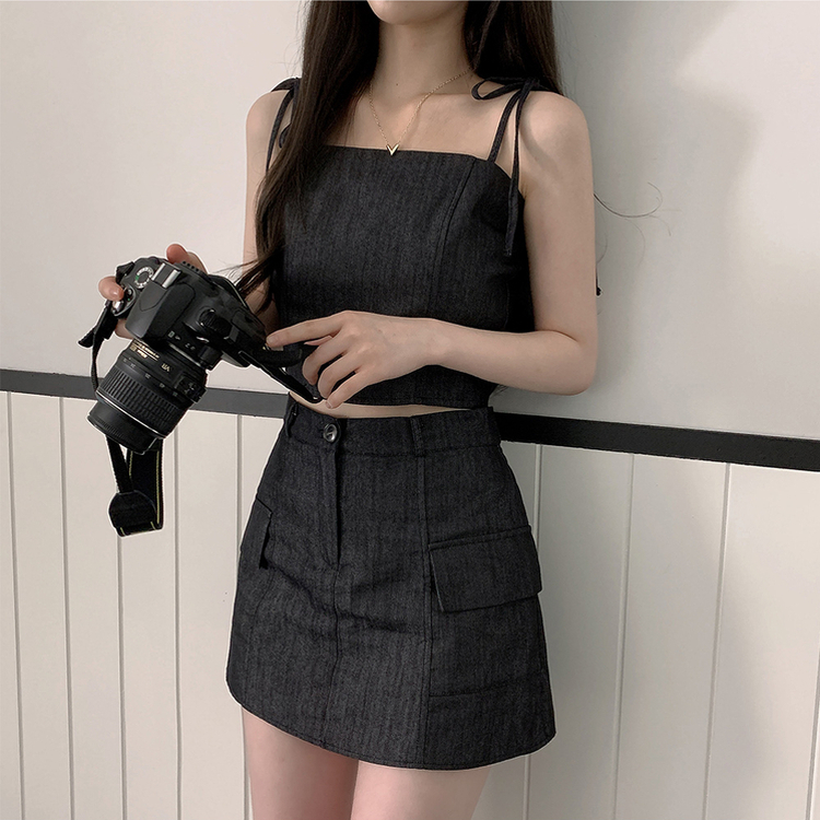 터이 데님 뒷밴딩 리본 끈 나시 포켓 미니 스커트