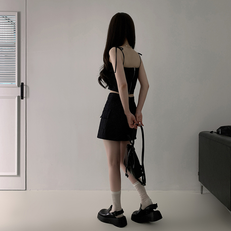 터이 데님 뒷밴딩 리본 끈 나시 포켓 미니 스커트