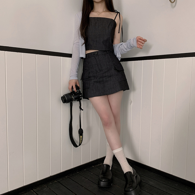 터이 데님 뒷밴딩 리본 끈 나시 포켓 미니 스커트