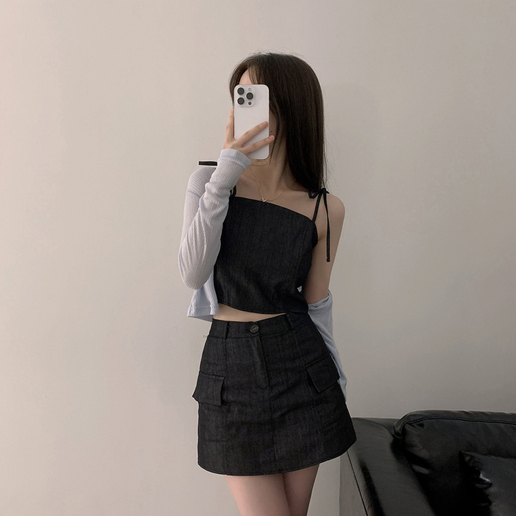터이 데님 뒷밴딩 리본 끈 나시 포켓 미니 스커트
