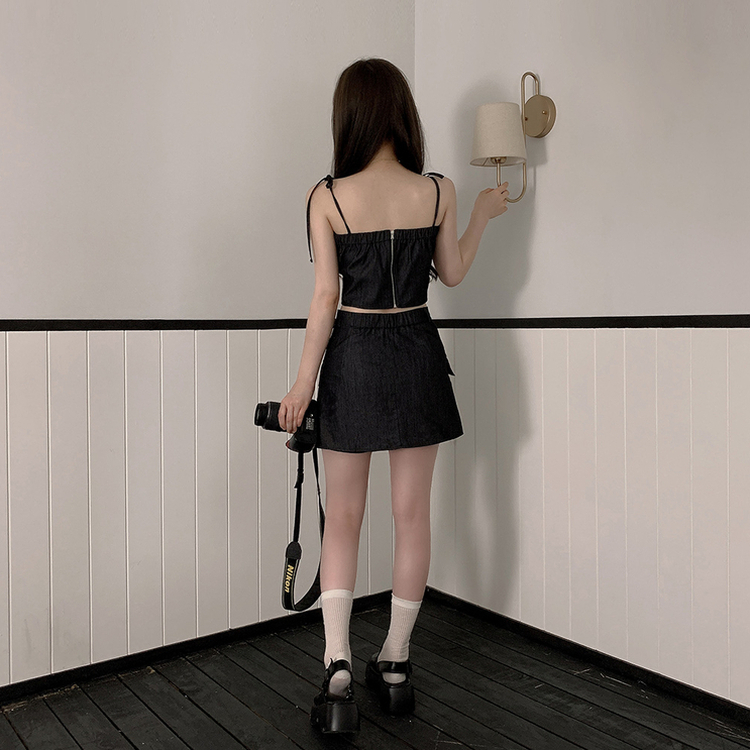 터이 데님 뒷밴딩 리본 끈 나시 포켓 미니 스커트