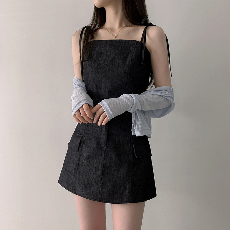 터이 데님 뒷밴딩 리본 끈 나시 포켓 미니 스커트