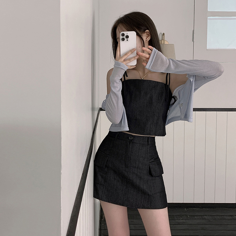 터이 데님 뒷밴딩 리본 끈 나시 포켓 미니 스커트