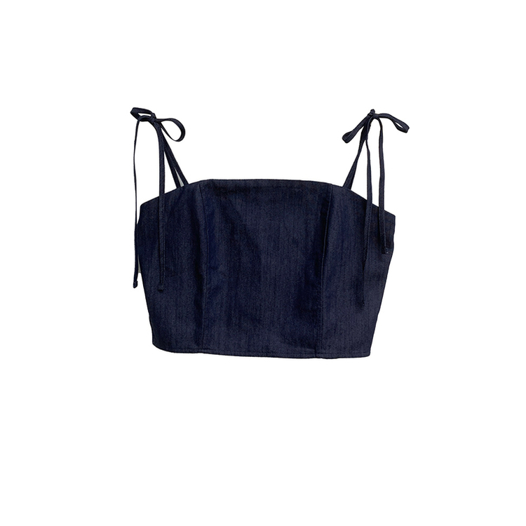 터이 데님 뒷밴딩 리본 끈 나시 포켓 미니 스커트