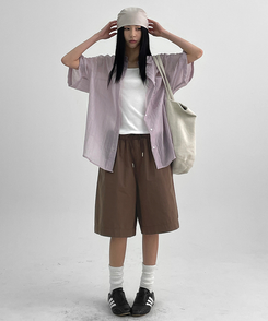 ショートパンツ コットンバンディングハーフパンツ BROWN