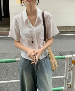 ブラウス シースルーポケット半袖ブラウス IVORY