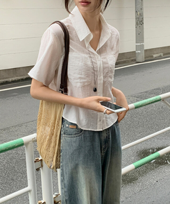 ブラウス シースルーポケット半袖ブラウス IVORY
