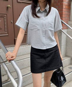 ブラウス シースルーポケット半袖ブラウス GRAYISH