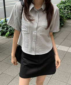ブラウス シースルーポケット半袖ブラウス GRAYISH